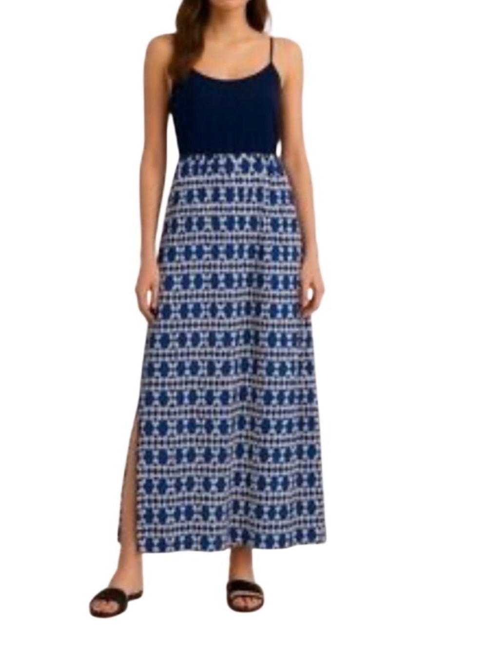 J. Crew Maxi Dress Size 8 Navy Blue Geometric Lightweight Side Slit